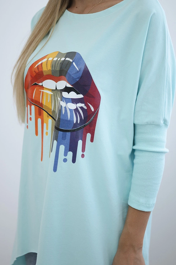 Oversize-Bluse mit Regenbogen-Lippenprint mint