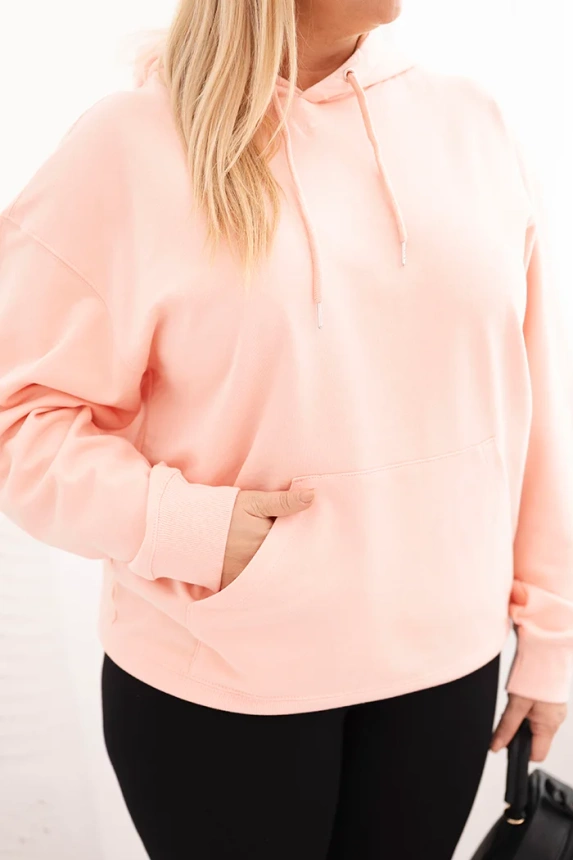 Moteriška plus size medvilninė megztinė su gobtuvu ir kengūros kišene lašišinė