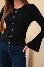 Women's ribbed viscose blouse with buttons and wide sleeve black