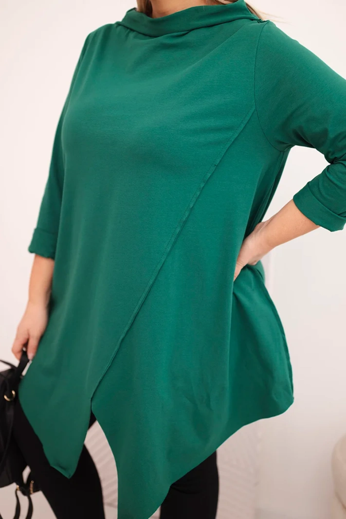 Dámska bavlnená blúzka Plus Size asymetrická s ohrnutým rukávom tmavozelená