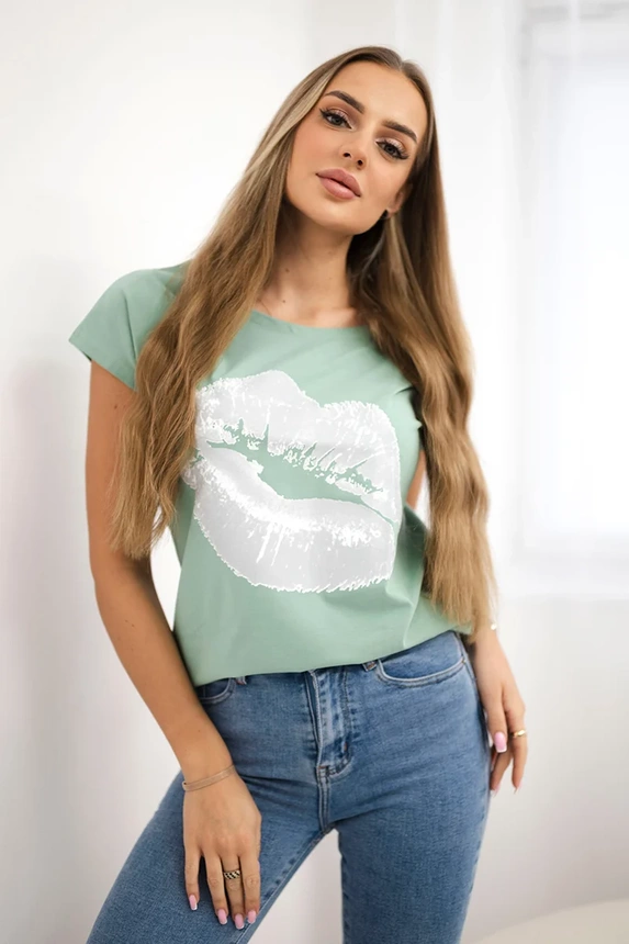 Blouse with lips print dark mint