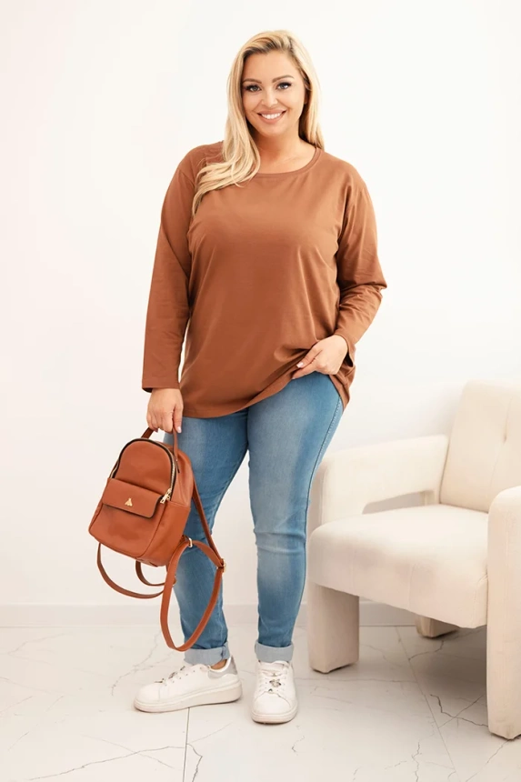 Damenbluse Plus Size aus Baumwolle mit Rundhalsausschnitt camel
