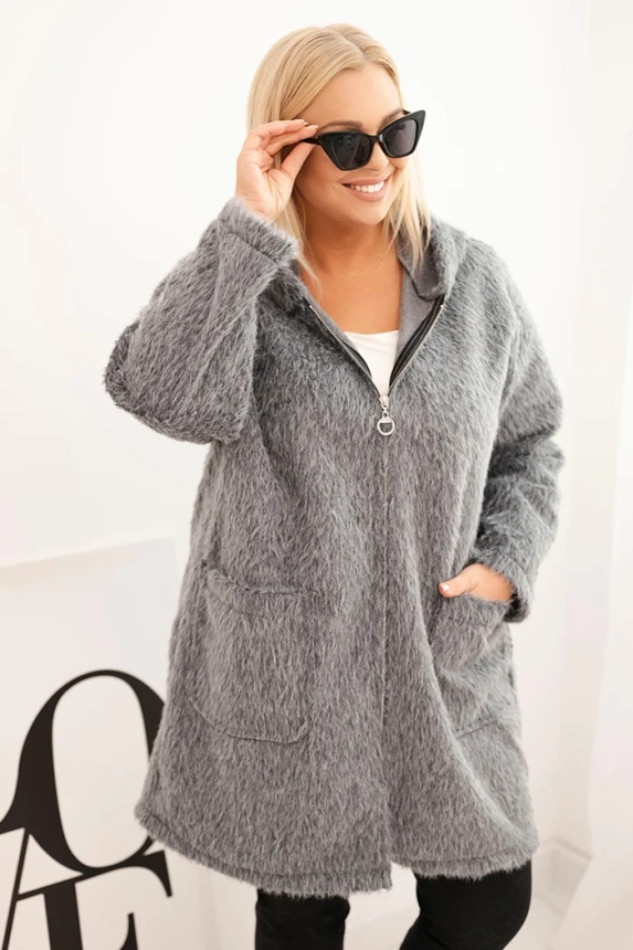 Moteriškas Plus Size paltas iš viskozės su užtrauktuku ir gobtuvu pilkas