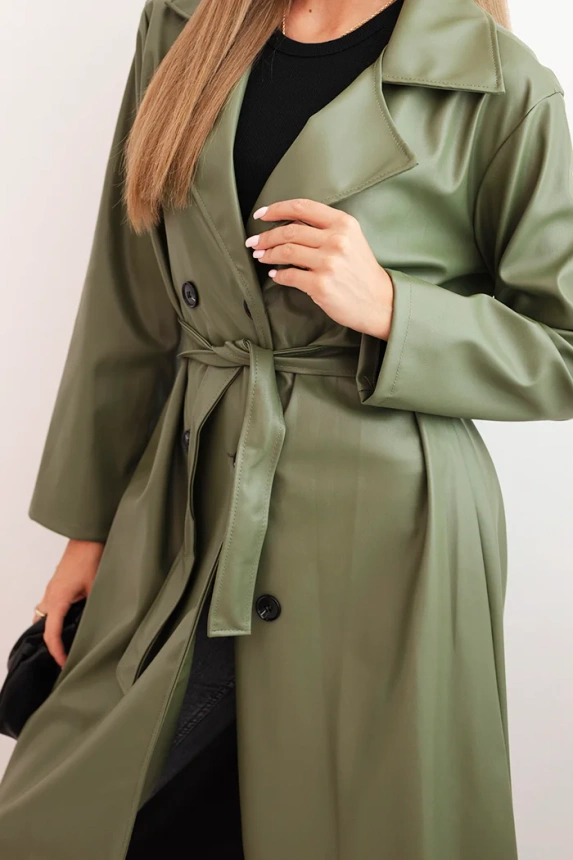 Damen-Trenchcoat aus Kunstleder mit Gürtel und Kragen khaki