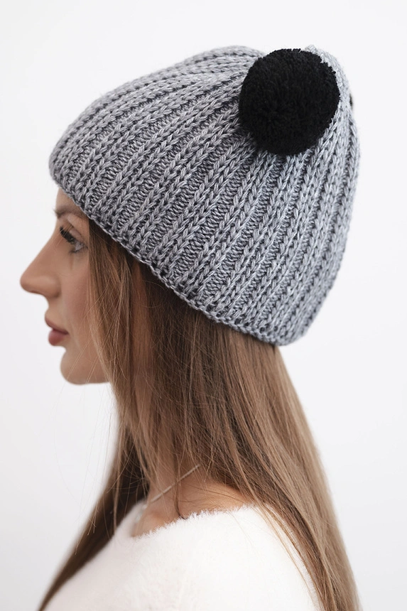 Women's winter wool hat with a pom-pom K433 dark gray