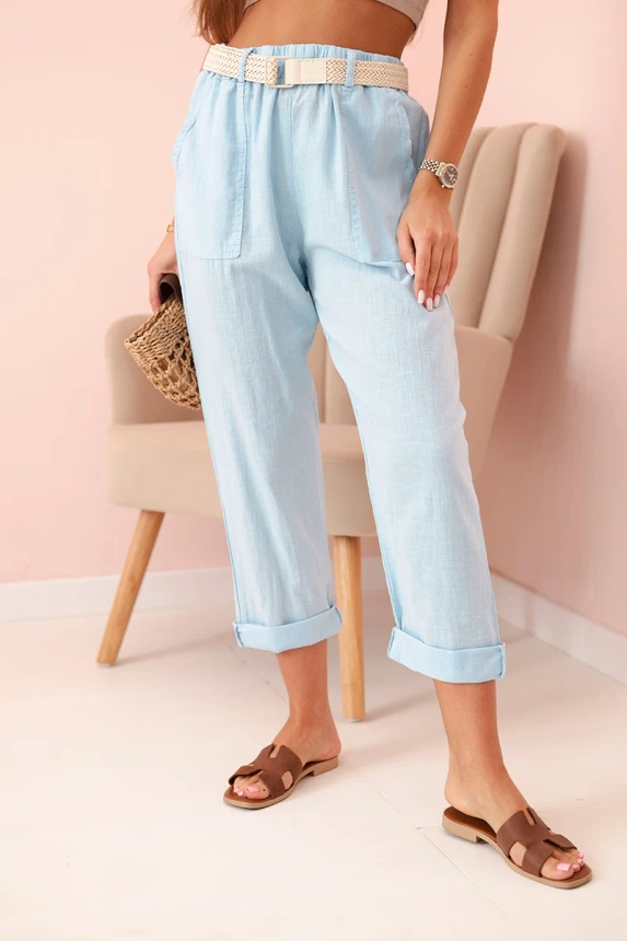 Women's linen cotton pants with a belt blue