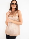 Women's satin viscose blouse with lace and stand-up collar camel