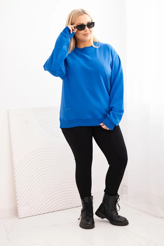 Dámská mikina Plus Size bavlněná basic s kulatým výstřihem chabrová