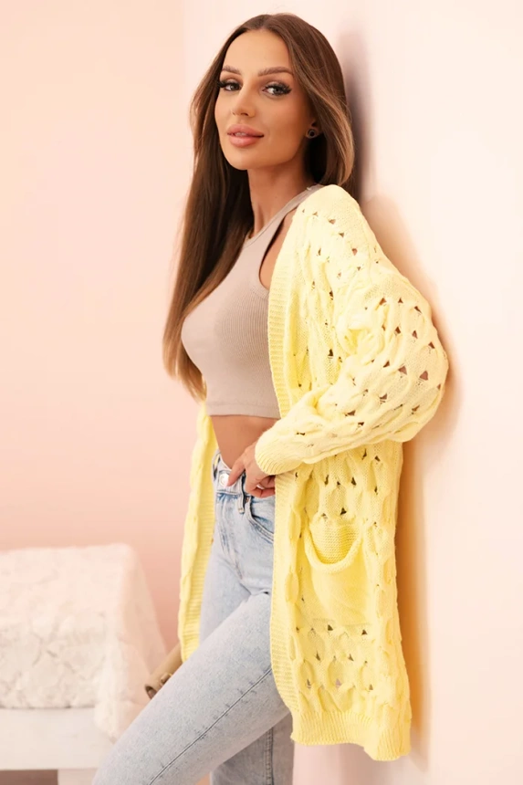 Women's openwork cardigan with pockets yellow