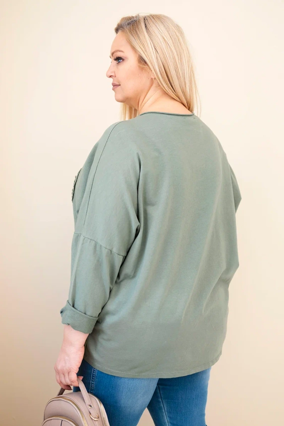 Damenbluse aus Baumwolle in Plus Size mit V-Ausschnitt khaki