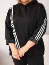 Moteriškas laisvalaikio megztinis Plus Size iš viskozės su kapišonu ir dekoratyvinėmis juostelėmis juoda