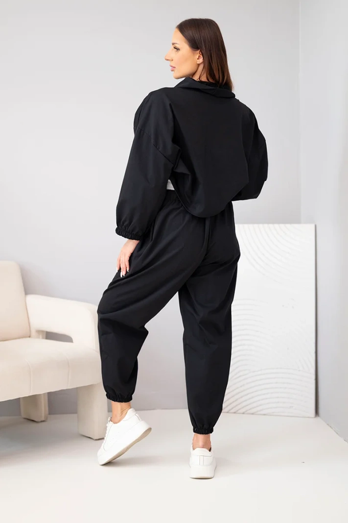 Women's cotton set with ruched sweatshirt and pants black