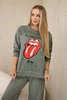 Cotton set wiped with print sweatshirt + pants khaki