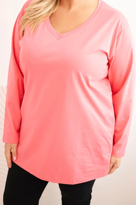 Dámska blúzka Plus Size s výstrihom do V a dlhým rukávom ružová