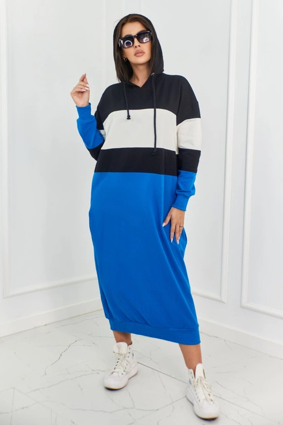 Tricolor dress with hood black + ecru + cornflower