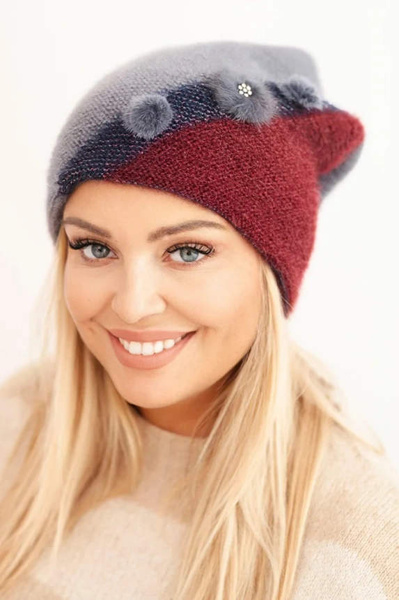 Women's elegant cap with fur decorations and a glittery band gray