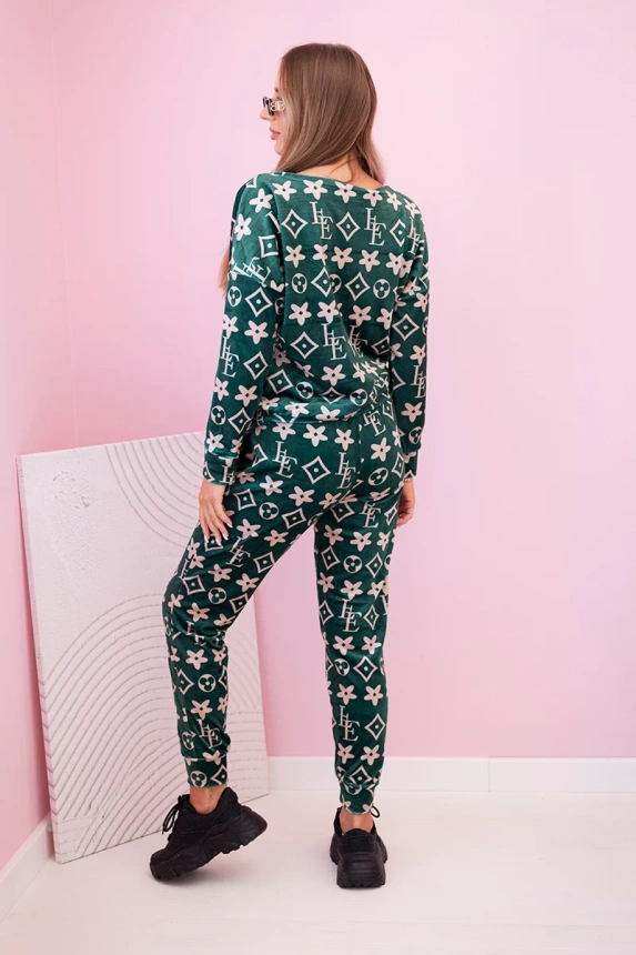 Women's velour set with monogram green + beige