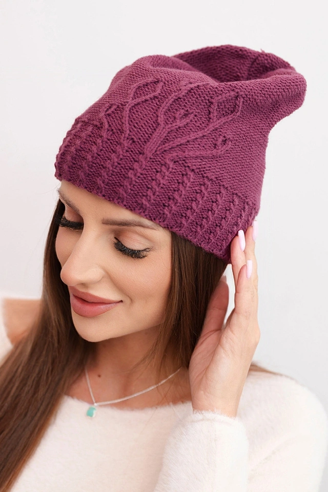Women's winter wool hat with decorative embossing K474 dark purple