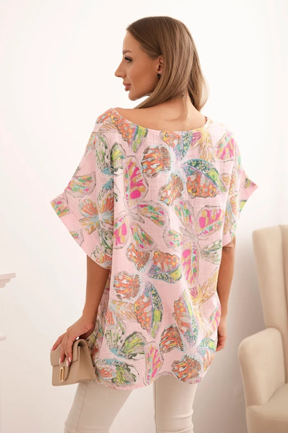 Damenbluse aus Baumwolle mit Schmetterlingsmotiv und kurzen Ärmeln, zuckerrosa
