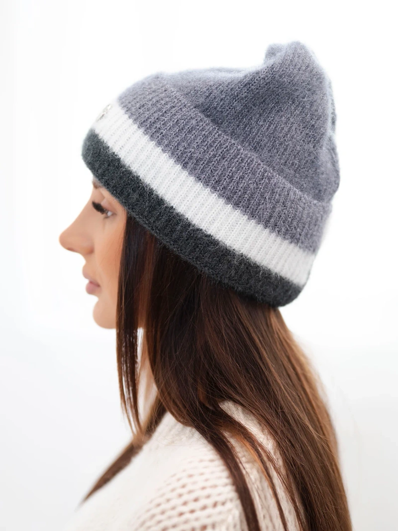 A hat women's beanie ribbed with decoration dark grey+graphite