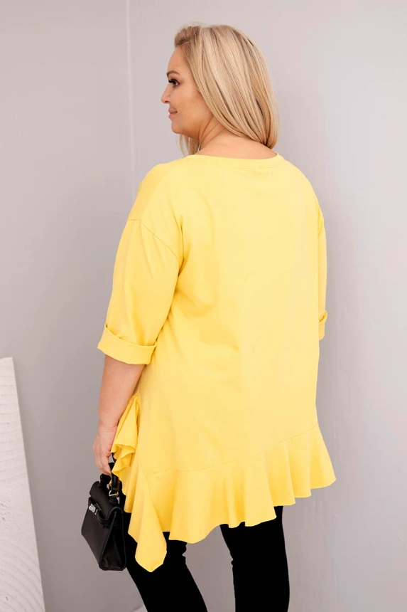 Women's Plus Size blouse with cotton, featuring ruffles and rolled-up sleeves yellow
