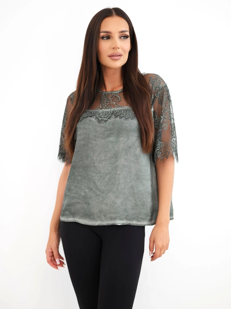 Women’s satin viscose blouse with lace and short sleeves khaki