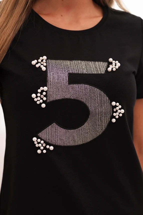 Women's cotton blouse with short sleeves and a patch with pearls black