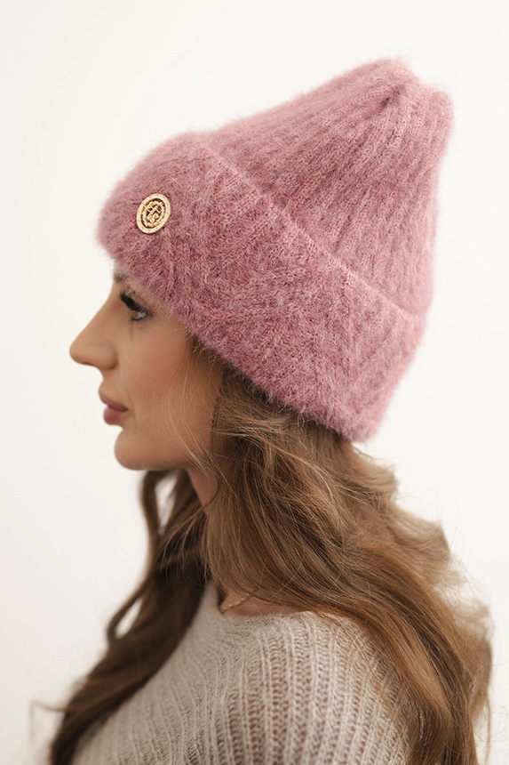 Women's winter hat made of fluffy knit with an elegant button dark pink