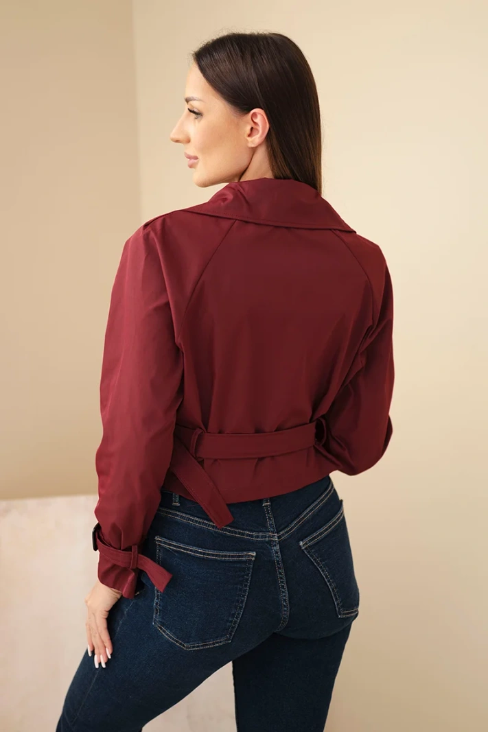 Women's short double-breasted viscose jacket with belt and lapels burgundy