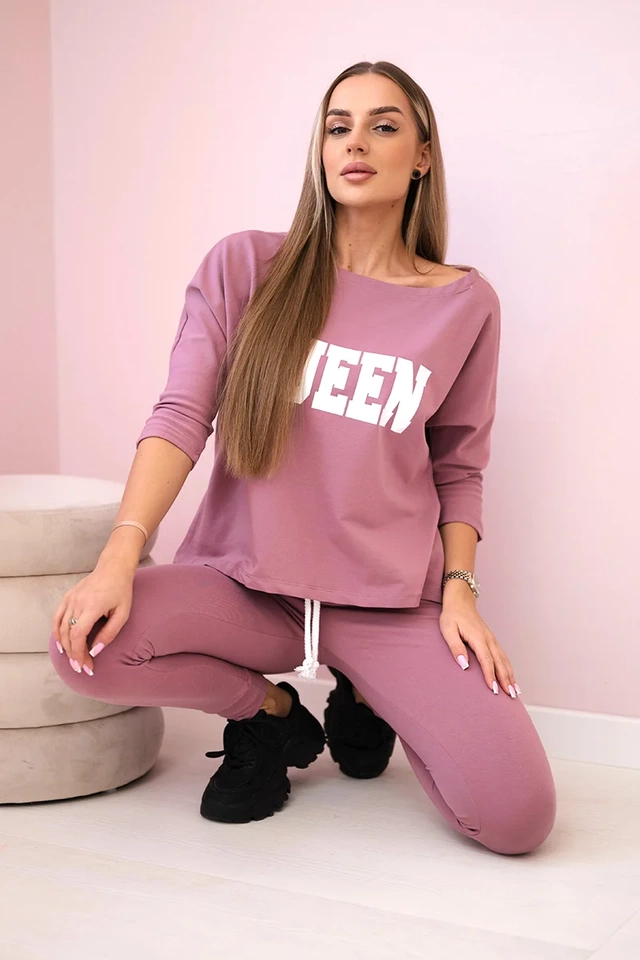 Komplet z nadrukiem Queen ciemny różowy