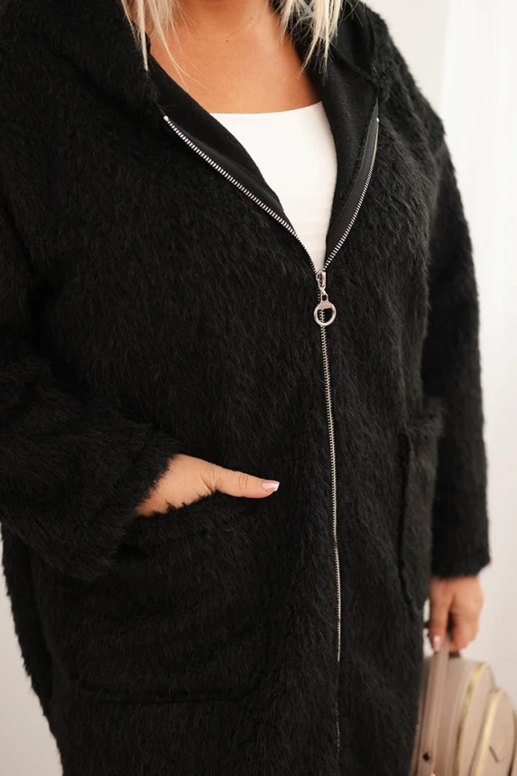Dámsky kabát Plus Size z viskózy zapínaný na zips s kapucňou čierny