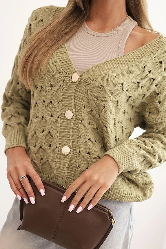 Women's openwork sweater with a V-neck and gold buttons olive