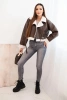 Women's pilot jacket made of eco-leather, insulated with fur and a belt, burgundy
