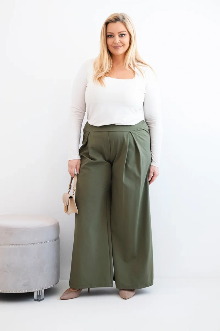 Dámské kalhoty Plus Size s širokými nohavicemi a plisováním khaki
