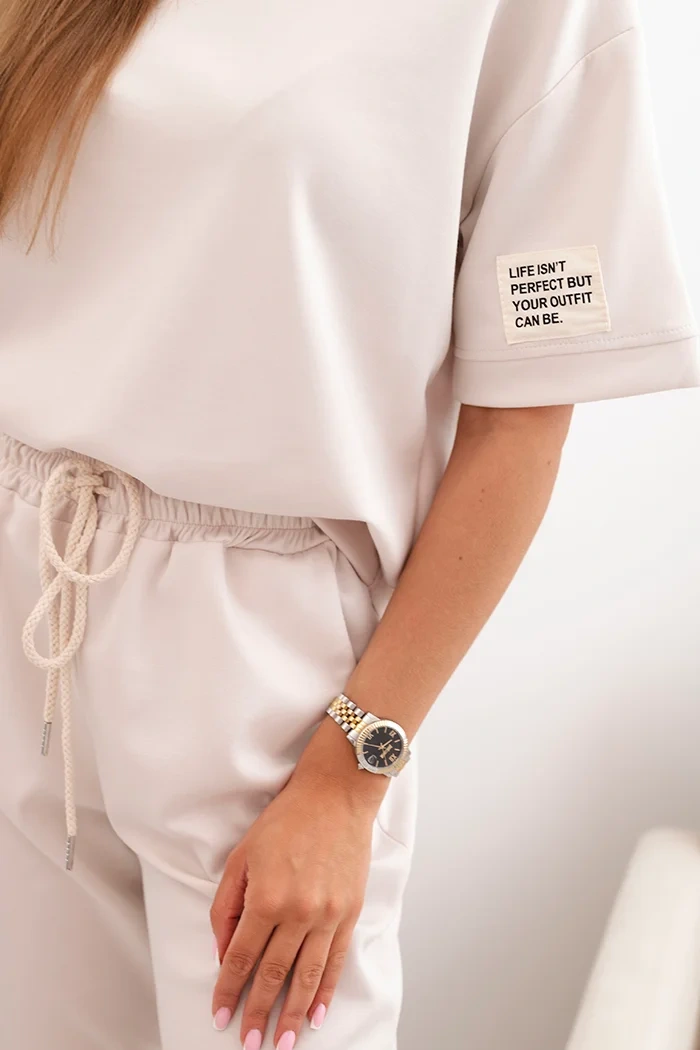 Women's viscose set with short sleeves and trousers beige