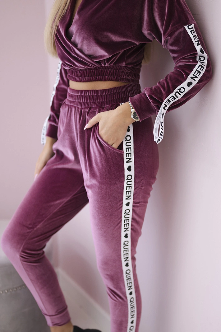 Veloursset mit Aufschrift Queen dunkelrosa