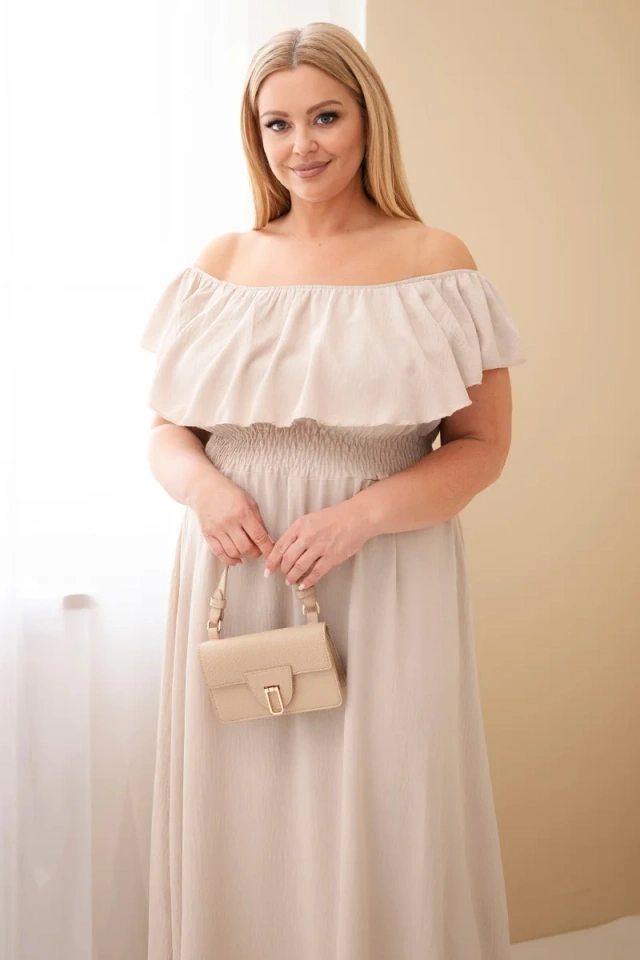 Damenkleid in Übergröße mit Volant und elastischem Bund beige