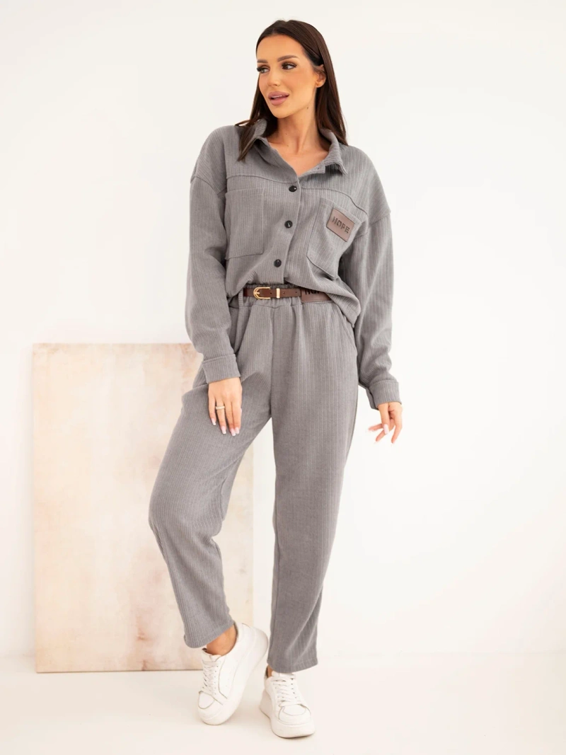 Damen-Set aus Viskose Cord mit Jacke und Hose mit Gürtel grafitowy