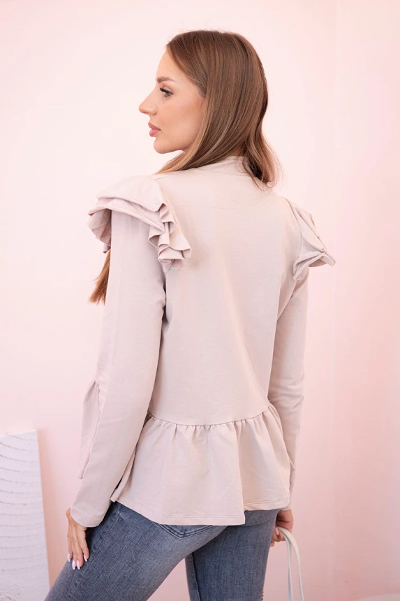 Women's cape with ruffles and stand-up collar beige