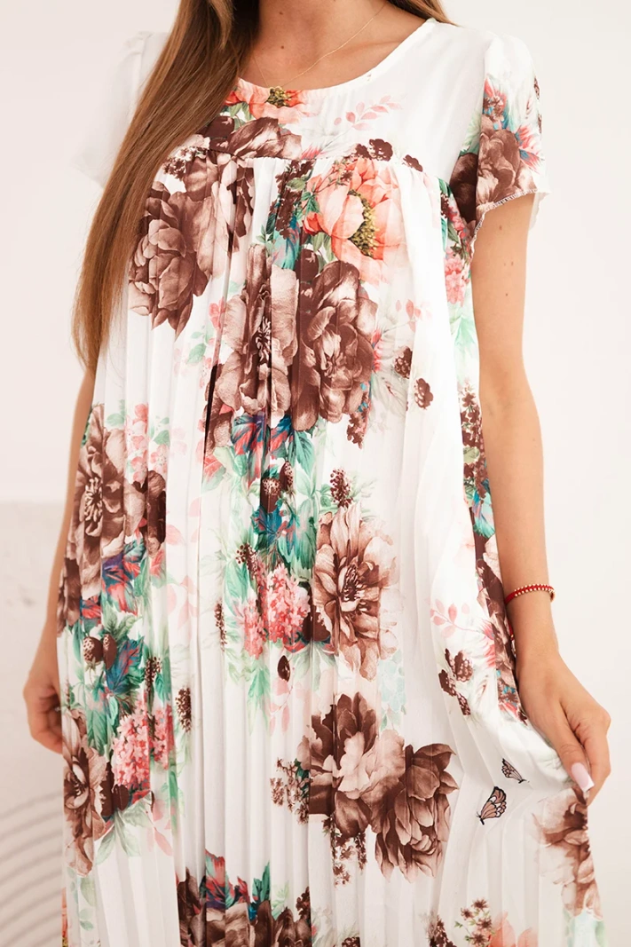 Women's viscose floral dress with short sleeves and pockets brown