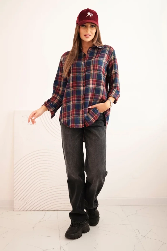 Women's cotton plaid shirt with a longer back navy