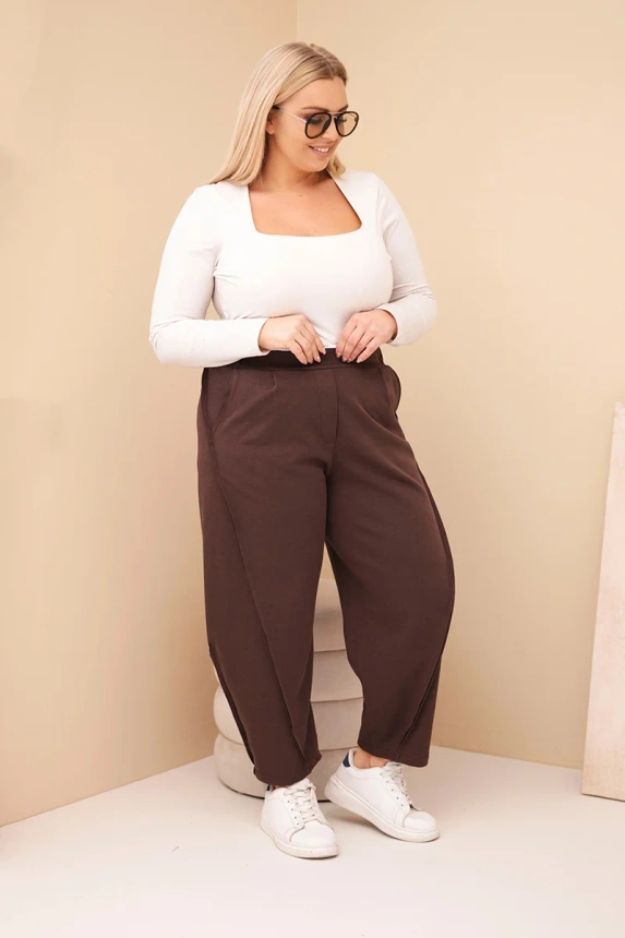 Dámské kalhoty z bavlny Plus Size volného střihu s vysokým pasem hnědé