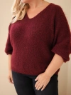 Dámský svetr Plus Size s výstřihem do V a širokým rukávem bordó