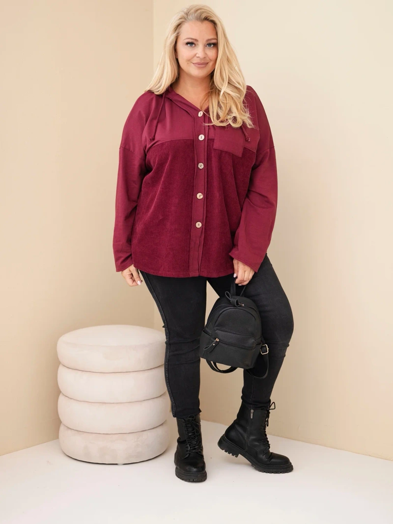 Damen Baumwoll Kapuzenpullover mit Knöpfen Plus Size bordeaux