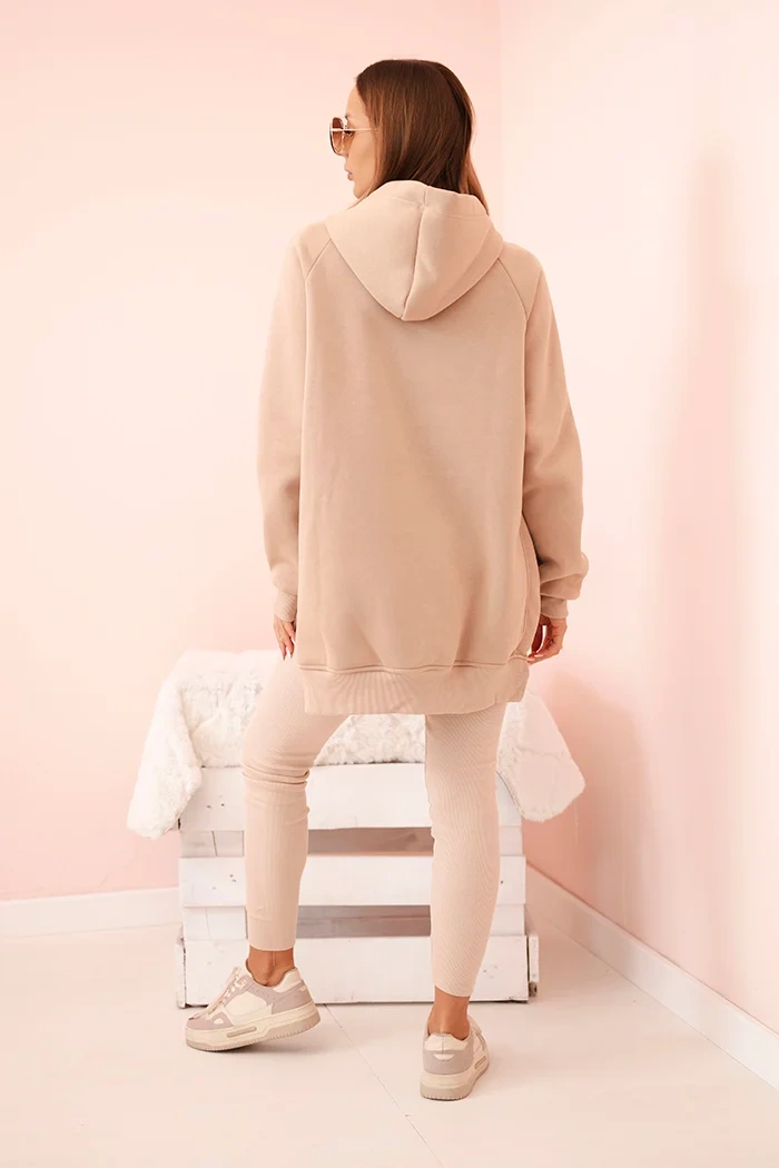 Damen Set aus Baumwolle mit Kapuzenpullover und Leggings mit hohem Bund beige