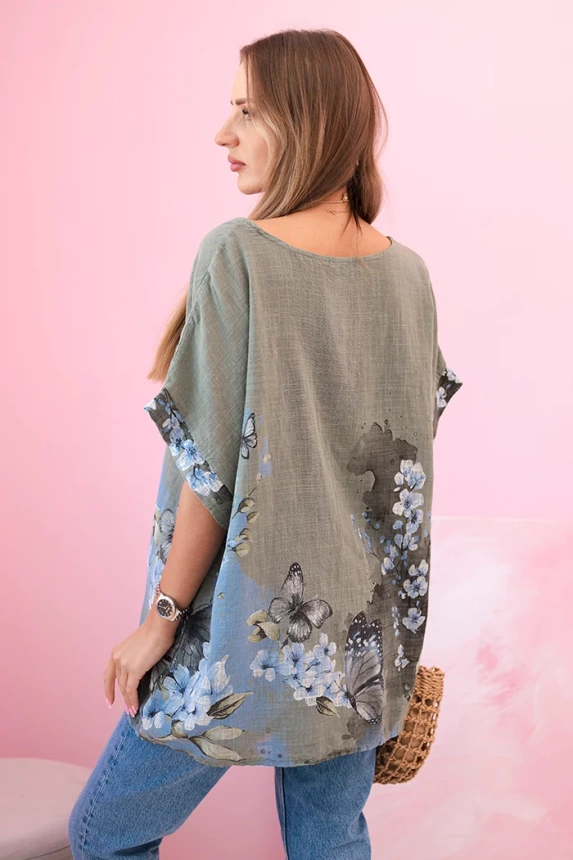 Damenhemd aus Baumwolle mit Schmetterlingen und Blumen khaki