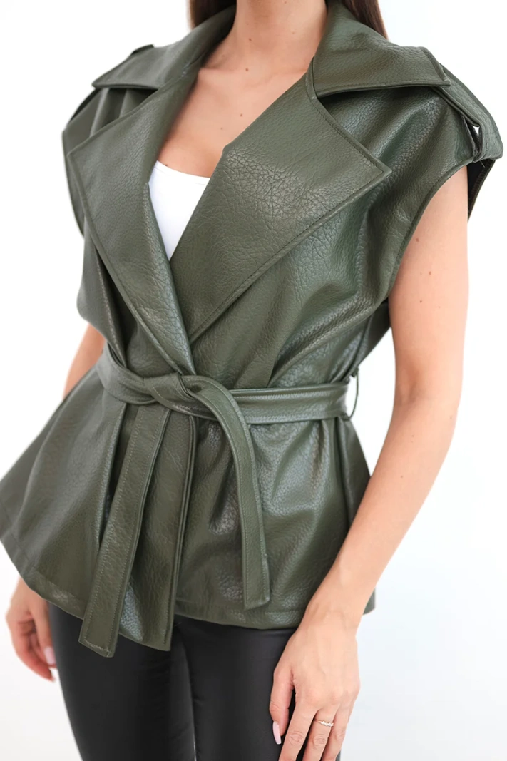 Women's faux leather vest with belt khaki