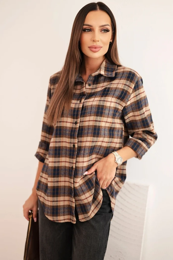 Women's cotton plaid shirt with a longer back camel