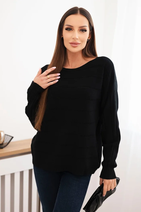 Damenpullover aus Viskose mit Lochmuster und langen Ärmeln schwarz