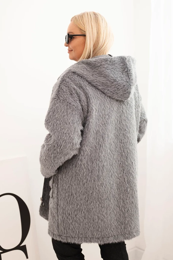 Damen Plus Size Mantel aus Viskose mit Reißverschluss und Kapuze grau